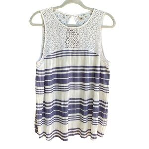 Umgee Stripes and Lace Babydoll Tank Top Womens Size Large Blue Lightweight Boho